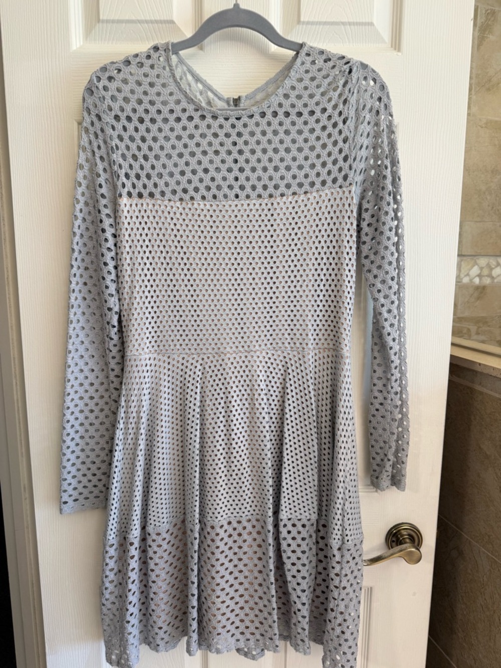 BCBGMaxAzria Light Gray Eyelet Long-Sleeve Fit-and-Flare Dress